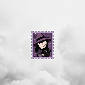 May include: A purple stamp depicting a cartoon witch reading a book. The witch is wearing a pointed hat and surrounded by stars. The stamp has a decorative border against a cloudy background.