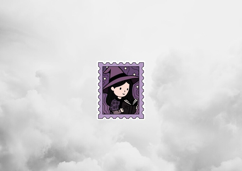May include: A purple stamp depicting a cartoon witch reading a book. The witch is wearing a pointed hat and surrounded by stars. The stamp has a decorative border against a cloudy background.