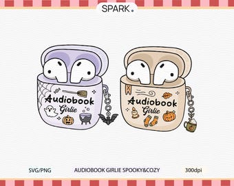 Audiobook girlie PNG SVG: Download digital de amante de livros de Halloween / clipart de livros png svg / Amantes de livros estéticos da moda / Uso comercial png