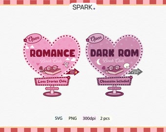May include: Two pink heart-shaped signs for book clubs. One says "ROMANCE Book Club" with "Love Stories Only" below. The other says "DARK ROM Book Club" with "Obsession Included" below. Both feature books, glasses, and arrows.