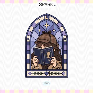 Könnte beinhalten: Eine digitale Illustration einer Person mit braunem kariertem Deerstalker-Hut und beigem Trenchcoat, die ein blaues Buch mit goldener Kamee-Silhouette hält. Das Motiv ist von einem violetten Buntglasfenster mit Mondsichel und Sternen umrahmt.
