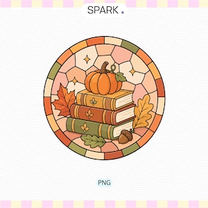 May include: A circular graphic design featuring a stained glass style border enclosing a stack of three books topped with an orange pumpkin. The illustration includes autumn leaves, an acorn, and small star accents in warm seasonal colours.