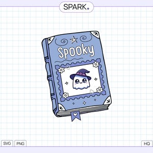May include: A light blue book with the word "Spooky" on the cover. The cover features a cute ghost wearing a witch hat. The book has a bookmark and decorative floral and star accents. The image is a digital illustration.