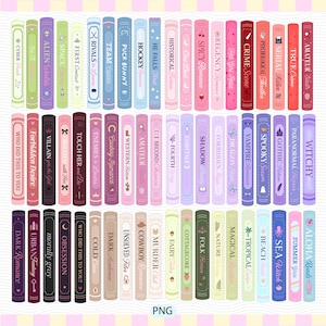 Peut inclure: Une collection de dos de livres disposés en trois rangées horizontales, présentant une variété de couleurs pastel et vives. Chaque dos affiche un titre de genre littéraire ou de thème unique en texte clair, comme Cyber Punk, Alien, Space et Witchy.