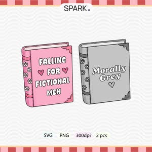 May include: Two illustrated books. One is pink with the text "Falling for Fictional Men" and the other is gray with the text "Morally Grey". Both books have floral and heart details.