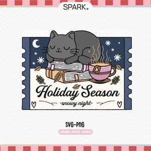May include: A black cat with a cup of hot drink and a stack of books, with the text "Holiday Season - snowy night -" on a blue and white background.