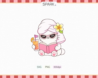 Reading Cat Sticker, Bookish Summer Sticker, Cute Reader Gift, Book Lover Aesthetic, Pink Book Sticker, Cozy Reader