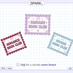 Könnte beinhalten: Drei bunte digitale Briefmarken mit weißem Hintergrund. Jede Briefmarke hat einen gewellten Rand und ein rosa Band. Die Briefmarken lauten "Romance Book Club", "Fantasy Book Club" und "Spooky Book Club".