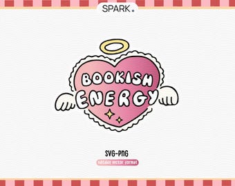 Może przedstawiać: Różowe serce z aureolą i skrzydłami, z tekstem "BOOKISH ENERGY" w środku.