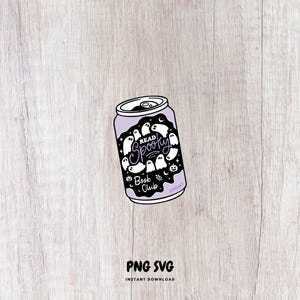 May include: A purple can with a black and white design featuring ghosts, moons, and stars. The text "Read Spooky Book Club" is displayed on the can. The can is set against a light wood grain background.
