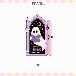 May include: A sticker design featuring a white ghost reading a purple book inside a light purple arched doorway. The dark interior shows a crescent moon and stars. The text reads Open at MIDNIGHT. The design includes a small gold door handle.