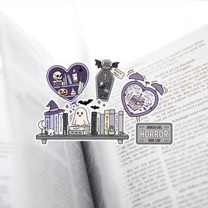 May include: A selection of Halloween-themed stickers. The stickers include a bookshelf, a ghost, bats, and heart-shaped designs with skulls, books, and a pumpkin. The stickers are in purple and grey, with the text "BOOKISH GIRL HORROR TROPE STOP".
