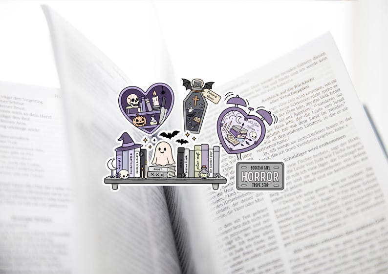 May include: A selection of Halloween-themed stickers. The stickers include a bookshelf, a ghost, bats, and heart-shaped designs with skulls, books, and a pumpkin. The stickers are in purple and grey, with the text "BOOKISH GIRL HORROR TROPE STOP".