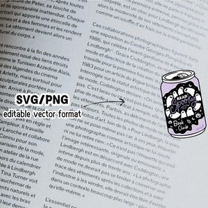 May include: A sticker featuring a purple soda can with the words "Read Spooky Book Club" and ghost illustrations. The design is in a black and white color scheme, with a playful and whimsical aesthetic. The sticker is in SVG/PNG editable vector format.