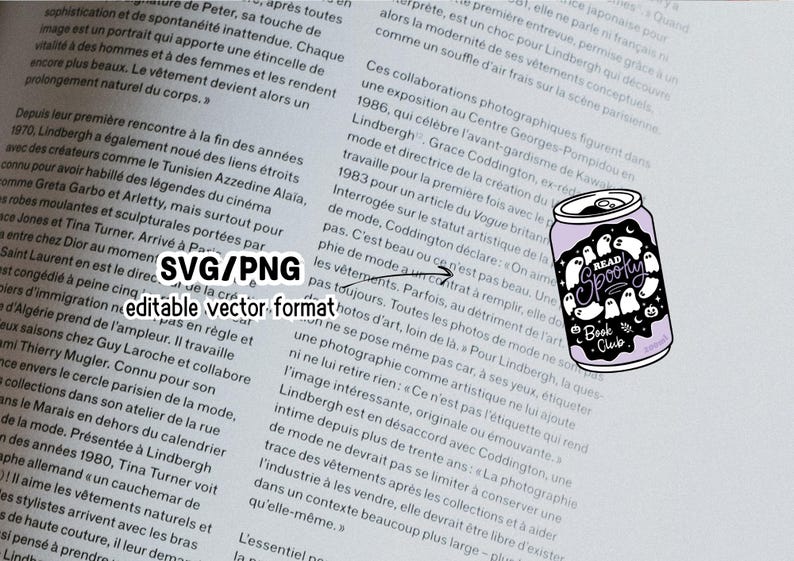 May include: A sticker featuring a purple soda can with the words "Read Spooky Book Club" and ghost illustrations. The design is in a black and white color scheme, with a playful and whimsical aesthetic. The sticker is in SVG/PNG editable vector format.