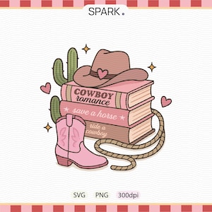 May include: A charming illustration depicting a cowboy hat with a heart, a stack of pink books with titles such as "Cowboy Romance", a pink cowboy boot, and a cactus. The design includes stars and hearts, suggesting a romantic Western theme.