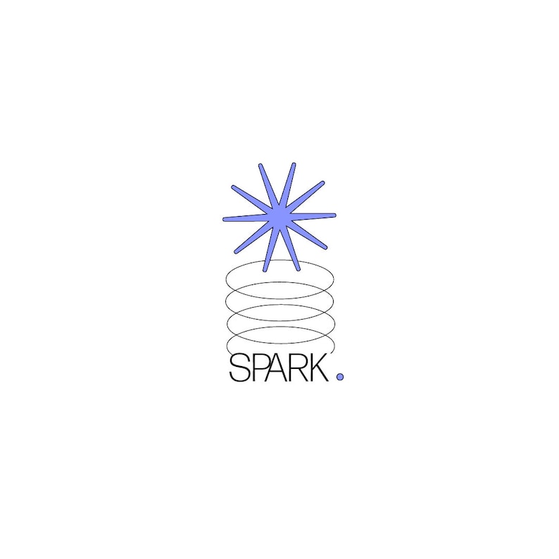 May include: A minimalist logo design featuring a light blue starburst above four concentric ovals and the word "SPARK" in a sans-serif font. A small blue dot follows the word. The design is set against a white background.