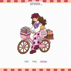 May include: Illustration of a person riding a pink bicycle loaded with books. The person wears a maroon beret and carries a cat. The bicycle has a basket in front and a wooden crate in the back, both filled with books. Text on the back reads "Book Express."