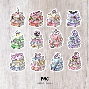 May include: A collection of twelve sticker designs featuring stacks of books with pastel covers. Each stack is topped with a thematic icon representing genres like historical, true crime, sci-fi, fantasy, travel, and sports, with the text "It's Time".