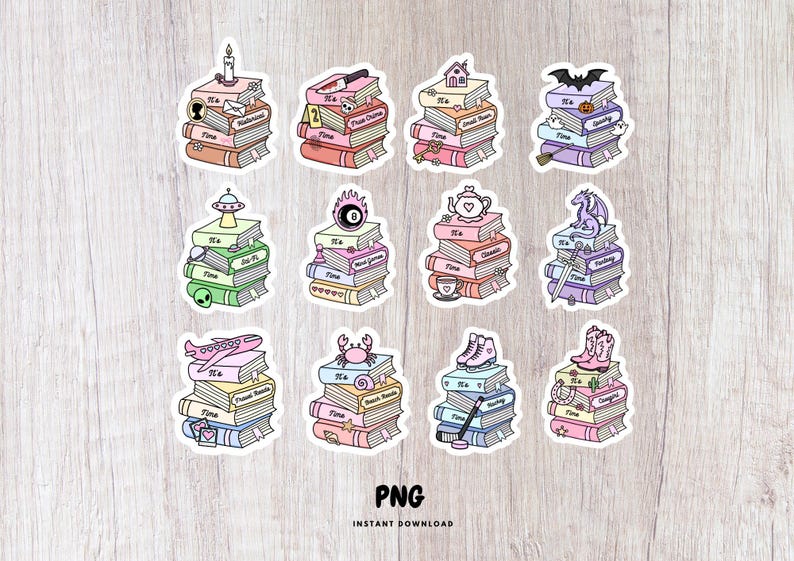 May include: A collection of twelve sticker designs featuring stacks of books with pastel covers. Each stack is topped with a thematic icon representing genres like historical, true crime, sci-fi, fantasy, travel, and sports, with the text "It's Time".