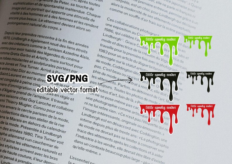 Pode incluir: Um design com o texto "little spooky reader" com efeito de gotejamento, dispon&iacute;vel em verde, preto e vermelho. O design est&aacute; em formato vetorial edit&aacute;vel SVG/PNG, ideal para projetos criativos.
