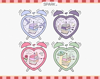 Paquete de pegatinas de despertador literario PNG / Es hora de leer / Romance, fantasía, ciencia ficción y terror / Pegatinas para lectores de Booktok