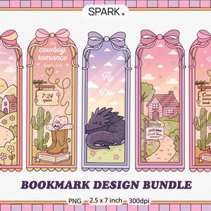 Peut inclure: Ensemble de cinq marque-pages illustrés aux couleurs pastel. Chaque marque-page présente un design différent, avec des thèmes de cow-boys, de dragons et de paysages. Le texte "BOOKMARK DESIGN BUNDLE" est en bas. Dimensions : 6.35 cm x 17.78 cm.