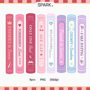 May include: A collection of eight illustrated book spines in shades of pink, purple, and blue. Each spine features a title like "Enemies to Lovers" and "Fake Dating" with decorative elements such as hearts, crowns, and diamonds. The image includes the text "SPARK."