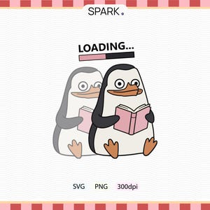 Pode incluir: Ilustração de dois pinguins, um em frente ao outro. O pinguim da frente é preto e branco, segurando um livro rosa. O texto "LOADING..." está acima dos pinguins, com uma barra de progresso. A imagem também inclui o texto "SVG", "PNG" e "300dpi".