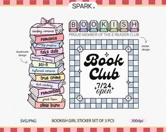 Può includere: Un'illustrazione presenta una pila di libri con titoli come "Romance" e "Sci-Fi". È presente un cartello "Book Club", insieme al testo "Bookish Girl Sticker Set of 3 PCS". La parola "SPARK" è visibile.
