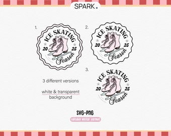 May include: Three versions of a black and white circular logo with the text "ICE SKATING SEASON" and a pair of pink ice skates. The numbers "20" and "25" are on either side of the skates.