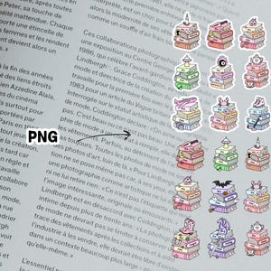May include: A collection of thirty-two individual stickers featuring stacks of books in various pastel colours. Each stack is topped with unique icons including candles, bats, UFOs, magic eight balls, teapots, dragons, aeroplanes, crabs, and boots.
