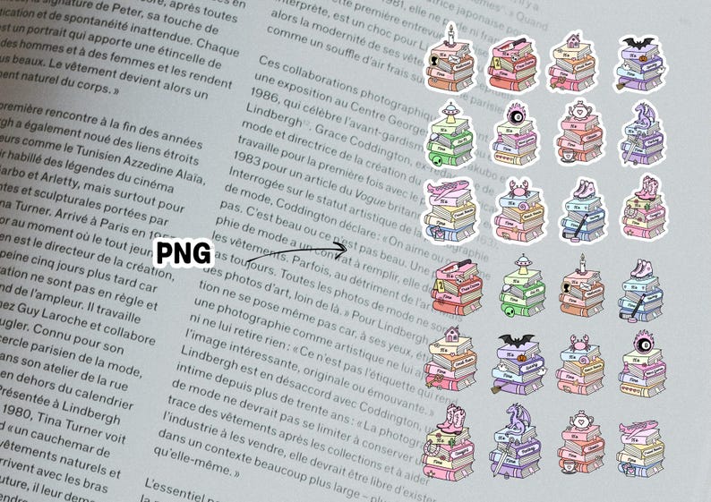May include: A collection of thirty-two individual stickers featuring stacks of books in various pastel colours. Each stack is topped with unique icons including candles, bats, UFOs, magic eight balls, teapots, dragons, aeroplanes, crabs, and boots.