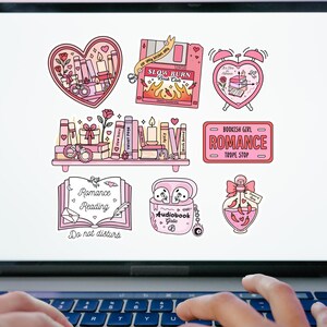 May include: A laptop screen displays a collection of pink and white stickers with a romance theme. The stickers feature hearts, books, candles, and the text "Romance Reading" and "Audiobook Girls".
