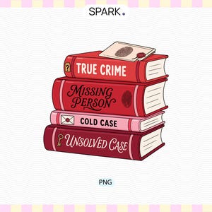 May include: A stack of four books with red and pink covers. The top book is labeled TRUE CRIME with a fingerprint icon. The second book says MISSING PERSON with a fingerprint. The third book says COLD CASE with an envelope. The bottom book says UNSOLVED CASE with a key icon.