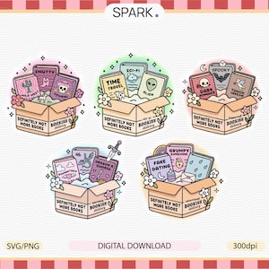 Pode incluir: Gráfico digital com cinco caixas cheias de livros. Cada caixa está rotulada como "Definitely Not More Books" e "Bookish Delivery". Os livros têm títulos como "Smutty", "Time Travel" e "Spooky", com detalhes florais e de pedras preciosas.