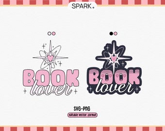 Può includere: Grafica rosa e nera con il testo "BOOK lover" e una stella stilizzata con un cuore al centro.