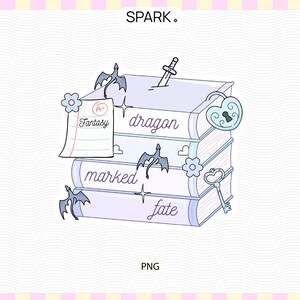 May include: A digital illustration of a stack of three light purple books with the text dragon, marked, and fate on the spines. The image includes a small paper with the text Fantasy and A+, a sword, three small dragons, two flowers, a heart lock, and a key.