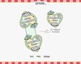 Science Reader Magnet, Science Addict Sticker, STEM Lover, Alien UFO Doodle, Pastel Aesthetic, Book Lover