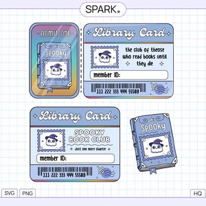 May include: A collection of light blue library cards and a book with a spooky theme. The cards feature a ghost wearing a witch hat, the text "Spooky Book Club", and a barcode. The book has the word "Spooky" on the cover.