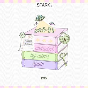 May include: A stack of four pastel-colored books with the text sci-fi, abducted, by aliens, and again on the spines. A paper with Science Fictions and an A+ grade, a flying saucer, a heart-shaped padlock, and a key are illustrated on the books.