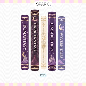 May include: Five vertical book spines arranged side-by-side. The spines feature purple and cream colours with gold celestial, castle, and dragon illustrations. Text on the spines reads: ROMANTASY, DARK FANTASY, DRAGON COURT, and WYVERN TALES.