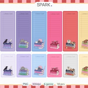 May include: Set of 18 library card-themed bookmarks in various colors, each featuring a different genre illustration. Designs include a raven, detective items, hockey gear, a masquerade mask, coffee, and chocolates. The text "Library Card" is at the top of each bookmark.