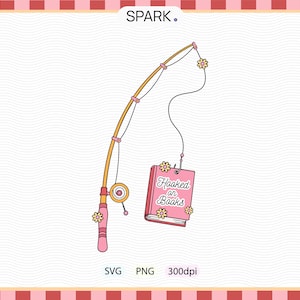 Pode incluir: Ilustração de uma cana de pesca rosa e amarela com flores. Um livro rosa, com a inscrição "Hooked on Books", está pendurado na linha, também decorado com flores. A palavra "SPARK" está no topo.