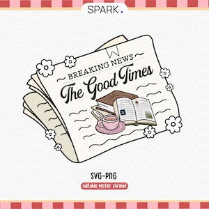 以下が含まれることがあります： 「The Good Times」という見出しの新聞と、その上にコーヒーカップが置かれた本が積み重ねられた、白黒のイラスト。新聞は小さなピンクの花で飾られています。