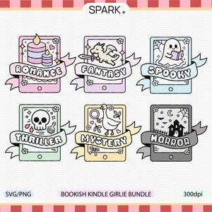 Puede incluir: Seis ilustraciones digitales de lectores electrónicos con pancartas que indican diferentes géneros: Romance, Fantasy, Spooky, Thriller, Mystery y Horror. El texto "BOOKISH KINDLE GIRLIE BUNDLE" está en la parte inferior.