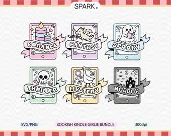 Kindle Girlie Bundle PNG SVG :  Romance, Fantasy, Horror, Thriller, Spooky, Mystery , Cute Trendy Bookish Clipart, (Commercial Use)