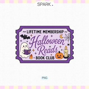May include: A rectangular purple ticket-shaped graphic with scalloped edges featuring the text "LIFETIME MEMBERSHIP Halloween Reads BOOK CLUB". The design includes a white ghost reading a book, a black bat, a spider web, a pumpkin, and a candle.