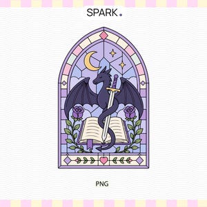 May include: A digital illustration in a stained glass window style featuring a dark purple dragon coiled around a silver sword and an open book. The scene includes a yellow crescent moon, stars, and purple roses, all framed in purple with the text SPARK.