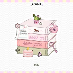 Puede incluir: Una pegatina que ilustra una pila de cuatro libros en tonos rosa y verde. Los libros incluyen el texto Cowboy Romance, boots on y heart gone. Los accesorios incluyen un cactus en maceta, un candado en forma de corazón y una llave.